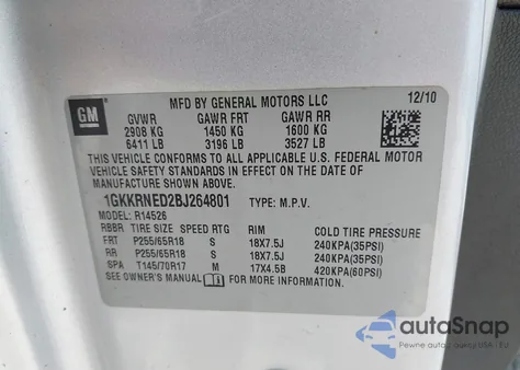 2011 GMC Acadia Sl из США, поврежденный, VIN 1GKKRNED2BJ264801